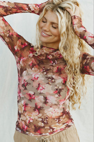 Floral Mock Neck Long Sleeve Sheer Top - 1985 the VAULT Boutique