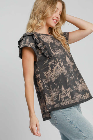 Umgee Ruffled Landscape Print Short Sleeve French Terry Top - 1985 the VAULT Boutique