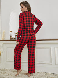 Plaid Collared Neck Long Sleeve Top and Pants Lounge Set - 1985 the VAULT Boutique