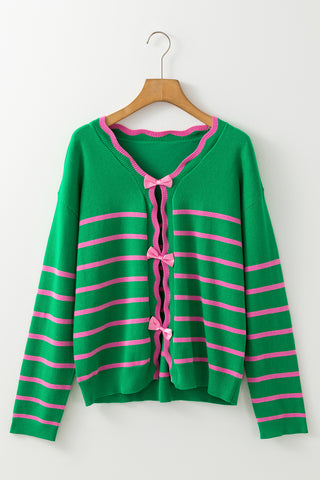 Bow Striped V-Neck Long Sleeve Cardigan - 1985 the VAULT Boutique