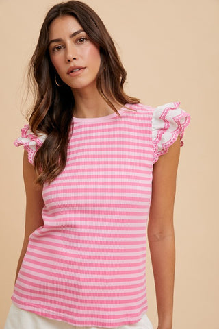 Annie Wear Ruffled Striped Round Neck Cap Sleeve Knit Top - 1985 the VAULT Boutique