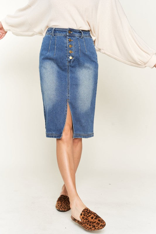 Denim Button Down Front Midi Skirt - 1985 the VAULT Boutique