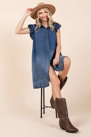 Mittoshop Washed Chambray Ruffle Sleeve Buttoned Mini Dress - 1985 the VAULT Boutique