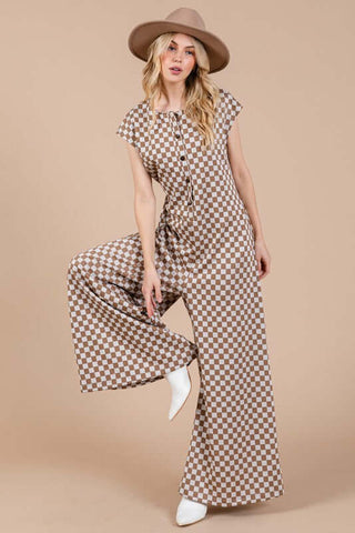 Ces Femme Checkered Half Button Cap Sleeve Jumpsuit - 1985 the VAULT Boutique