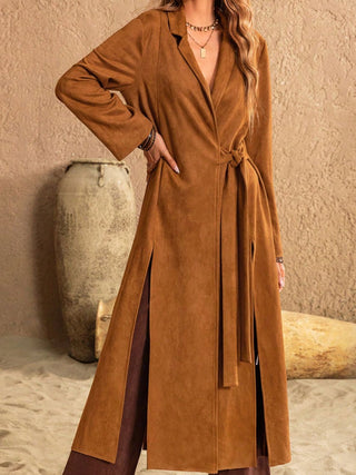 Slit Tied Collared Neck Longline Coat - 1985 the VAULT Boutique