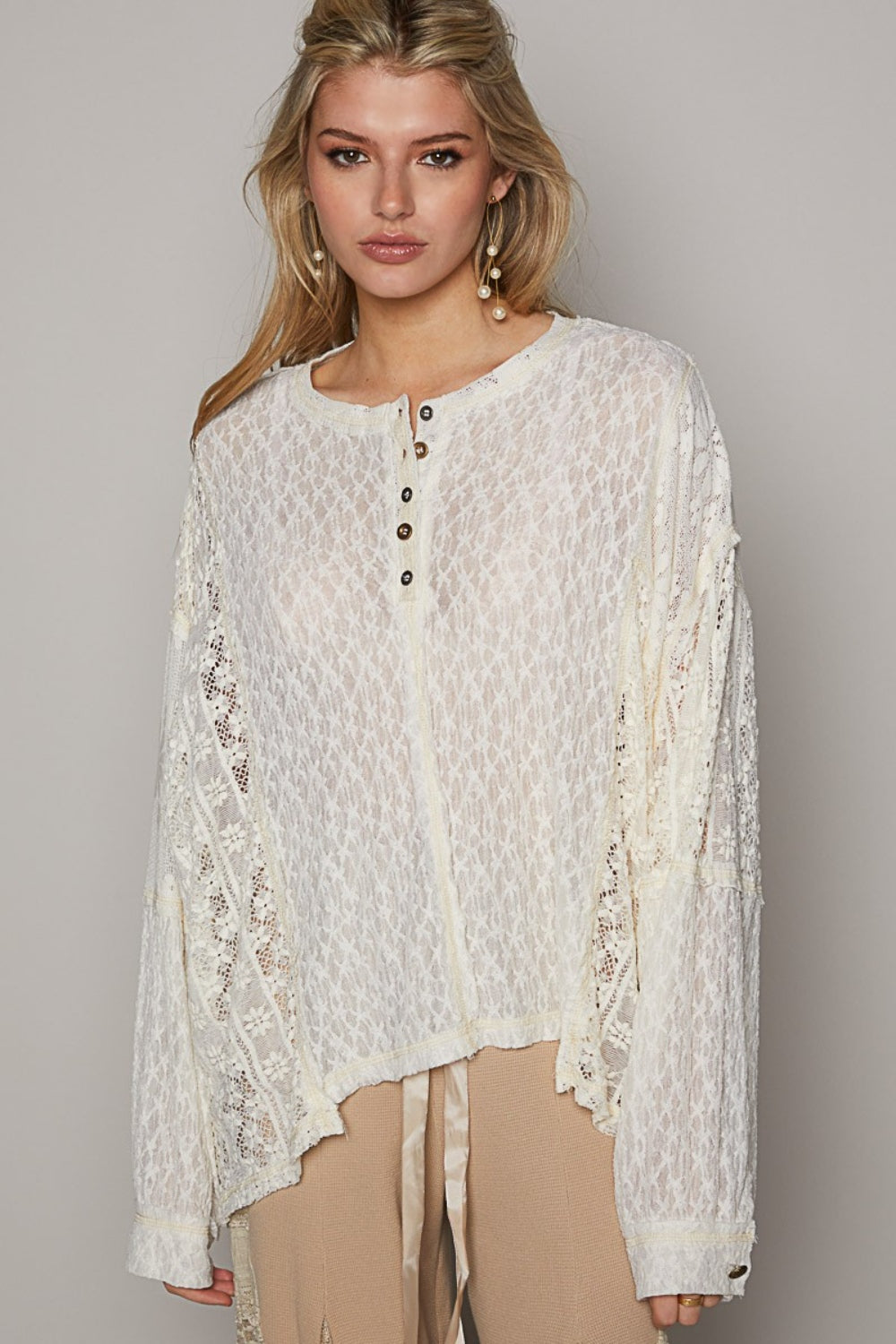 POL Round Neck Long Sleeve Raw Edge Lace Top - 1985 the VAULT Boutique