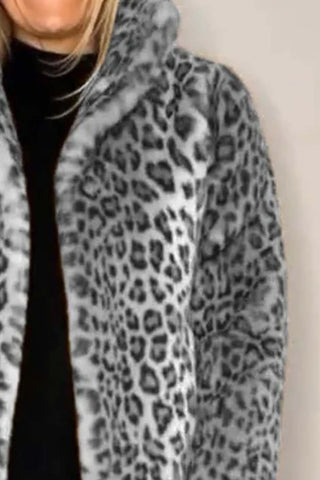 Full Size Leopard Furry Collared Neck Long Sleeve Coat - 1985 the VAULT Boutique