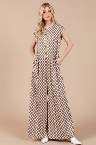 Ces Femme Checkered Half Button Cap Sleeve Jumpsuit - 1985 the VAULT Boutique