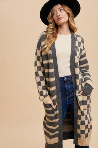 Annie Wear Checkered & Striped Open Front Long Sleeve Cardigan - 1985 the VAULT Boutique