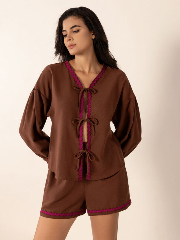 Tied V-Neck Long Sleeve Top and Shorts Set - 1985 the VAULT Boutique