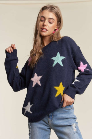 ADORA Stars Pattern Round Neck Drop Shoulder Sweater - 1985 the VAULT Boutique