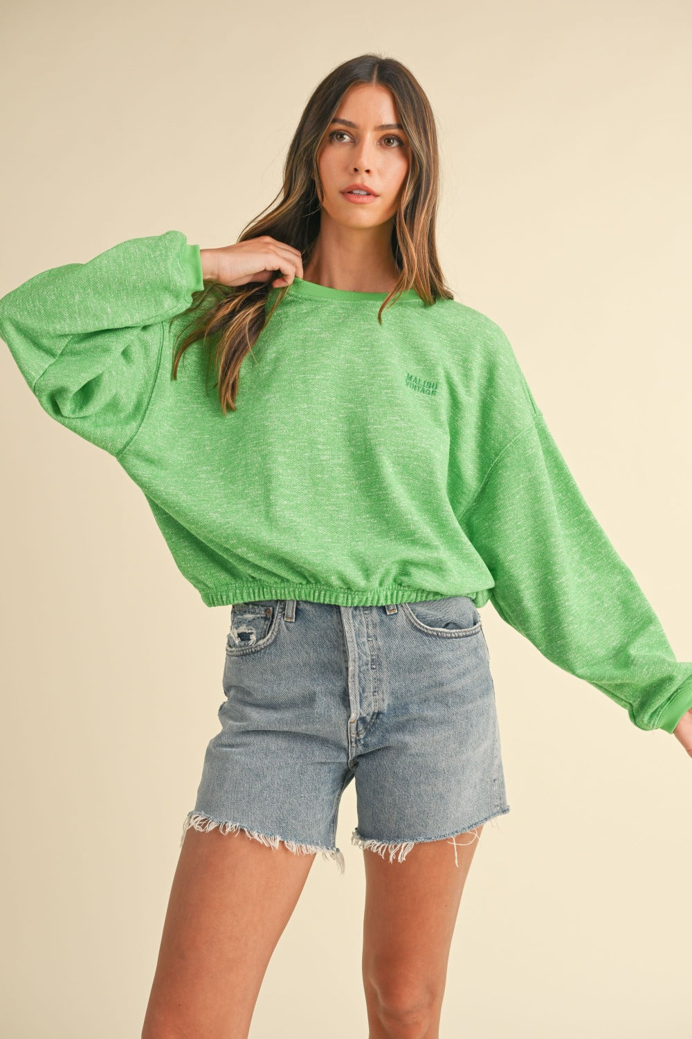 Mable Round Neck Letter Embroidery Crop Sweatshirt - 1985 THE VAULT