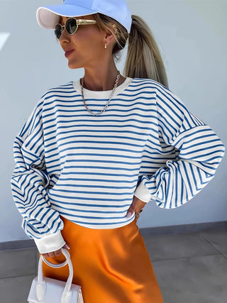 Full Size Striped Round Neck Long Sleeve Sweatshirt Plus Size - 1985 the VAULT Boutique