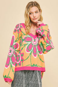 Davi & Dani Floral Contrast V-Neck Dropped Shoulder Sweater - 1985 the VAULT Boutique