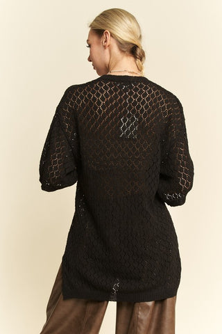 Davi & Dani Side Slit Openwork Round Neck Half Sleeve Knit Cover Up - 1985 the VAULT Boutique