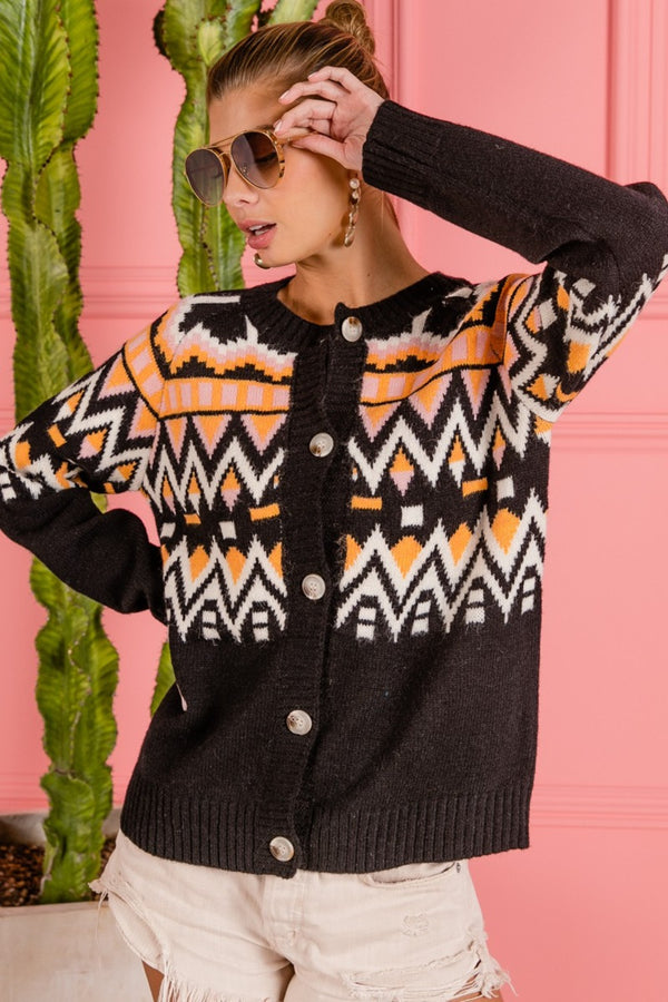 BiBi Ethnic Pattern Button Up Knit Cardigan - 1985 the VAULT Boutique