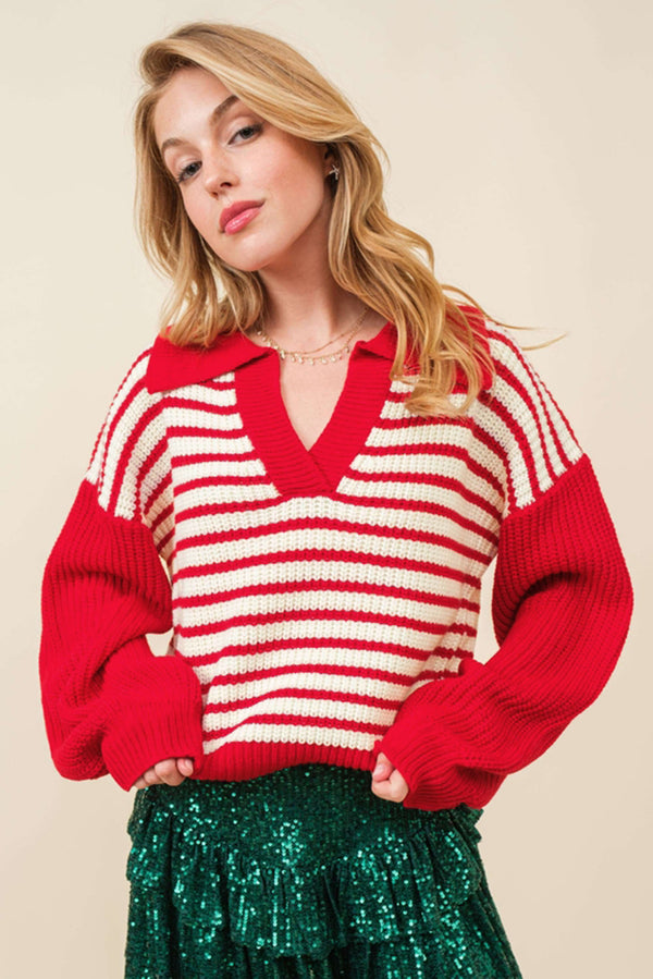 Striped Johnny Collar Long Sleeve Sweater - 1985 the VAULT Boutique