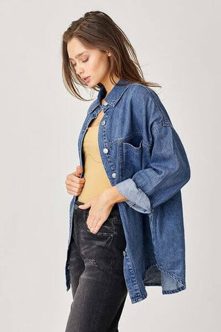 RISEN Button Up Drop Shoulder Denim Shacket - 1985 the VAULT Boutique