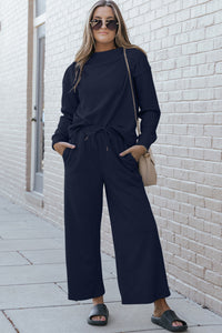 Double Take Full Size Textured Long Sleeve Top and Drawstring Pants Set - 1985 the VAULT Boutique