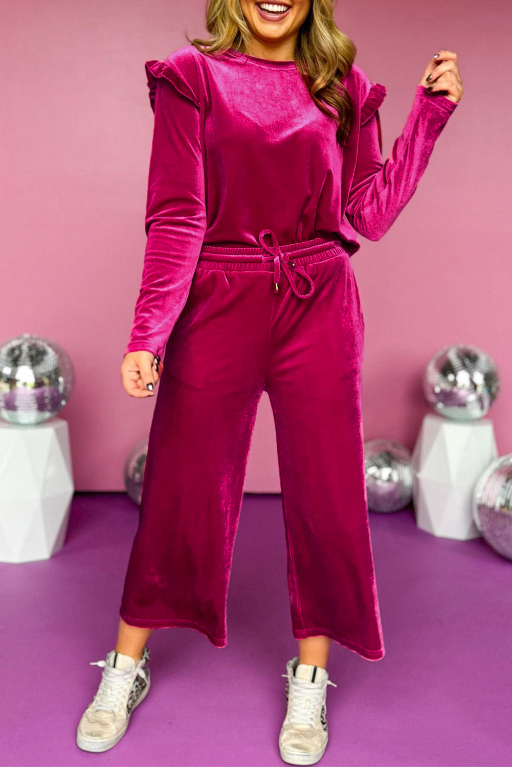 Frill Round Neck Long Sleeve Top and Pants Set - 1985 the VAULT Boutique