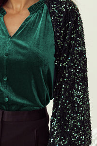 Sequin Notched Long Sleeve Blouse - 1985 the VAULT Boutique