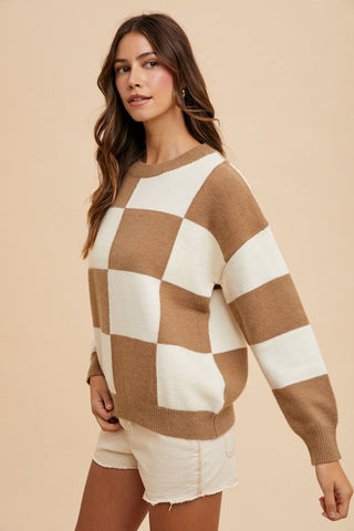 Annie Wear Checkered Round Neck Dropped Shoulder Sweater - 1985 the VAULT Boutique