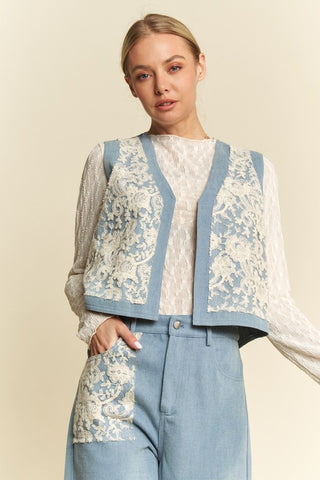 Davi & Dani Lace Patch Open Front Denim Vest - 1985 the VAULT Boutique