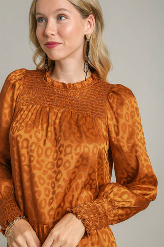 Umgee Smocked Leopard Long Sleeve Tiered Dress - 1985 the VAULT Boutique