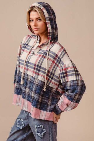 BiBi Drawstring Plaid Drop Shoulder Hoodie - 1985 the VAULT Boutique