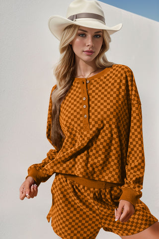 Double Take Checkered Half Button Top and Shorts Set - 1985 the VAULT Boutique