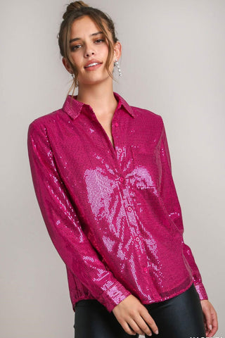 Umgee Sequin Long Sleeve Shirt with Side Chest Pocket - 1985 the VAULT Boutique