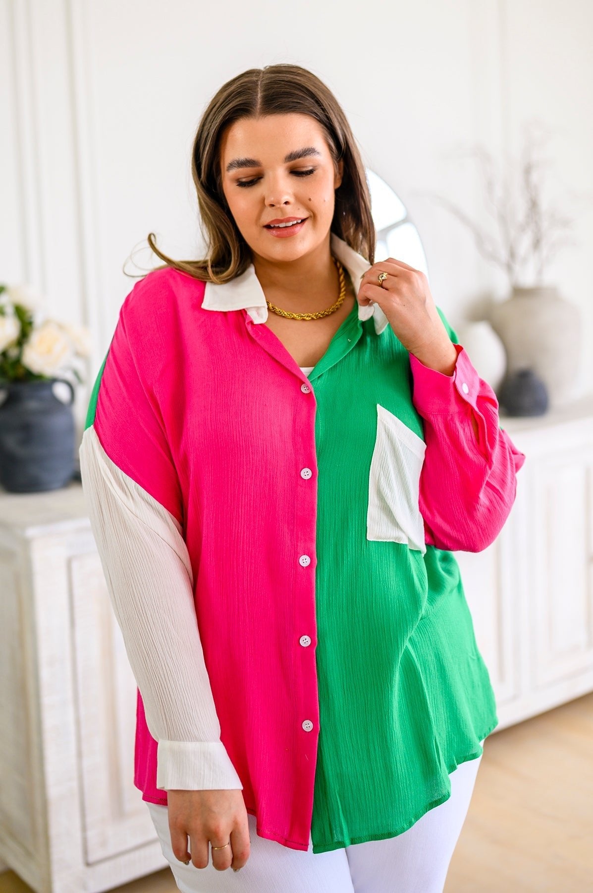 Capture the Day Two Toned Button Up Kelly - Happily Ever Atchison Shop Co.