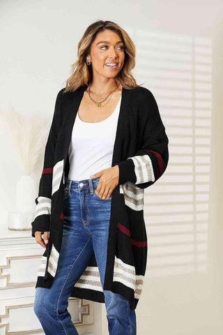 Double Take Striped Rib-Knit Drop Shoulder Open Front Cardigan - 1985 the VAULT Boutique