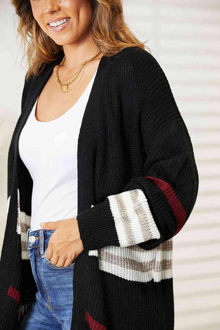 Double Take Striped Rib-Knit Drop Shoulder Open Front Cardigan - 1985 the VAULT Boutique