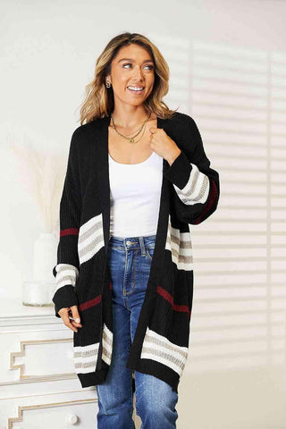 Double Take Striped Rib-Knit Drop Shoulder Open Front Cardigan - 1985 the VAULT Boutique