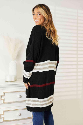 Double Take Striped Rib-Knit Drop Shoulder Open Front Cardigan - 1985 the VAULT Boutique