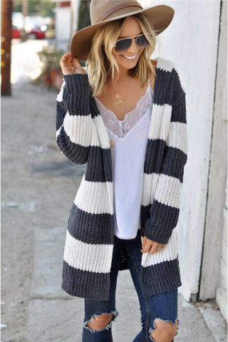 Contrast Stripes Open Front Long Sleeve Cardigan - 1985 the VAULT Boutique