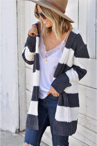 Contrast Stripes Open Front Long Sleeve Cardigan - 1985 the VAULT Boutique