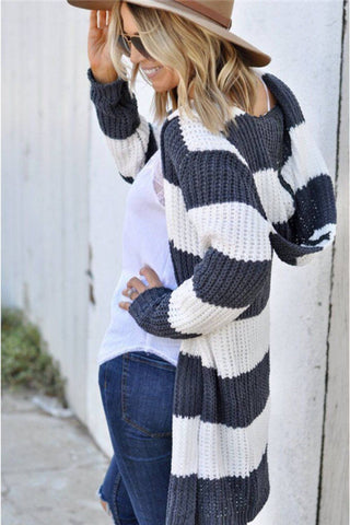 Contrast Stripes Open Front Long Sleeve Cardigan - 1985 the VAULT Boutique