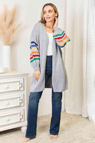 Double Take Multicolored Stripe Open Front Longline Cardigan - 1985 the VAULT Boutique