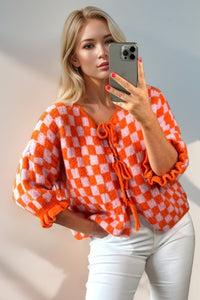 Double Take Tied Checkered Dropped Shoulder Flounce Sleeve Cardigan - 1985 the VAULT Boutique