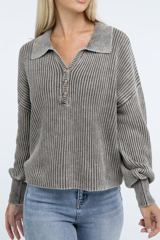 Washed Collared Henley Sweater - 1985 the VAULT Boutique