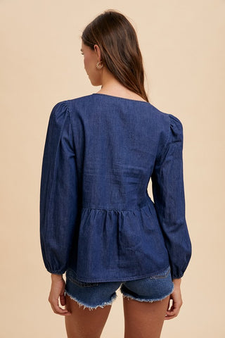 Annie Wear Tie Front Peplum Long Sleeve Denim Top - 1985 the VAULT Boutique