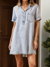 Pocketed Collared Neck Short Sleeve Denim Dress - 1985 the VAULT Boutique