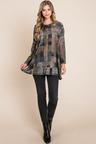 BOMBOM Plaid Round Neck Long Sleeve Top - 1985 the VAULT Boutique