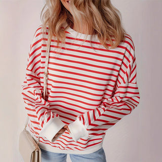 Full Size Striped Round Neck Long Sleeve Sweatshirt Plus Size - 1985 the VAULT Boutique