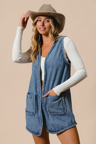 BiBi Braided Trim Open Front Denim Vest with Pockets - 1985 the VAULT Boutique