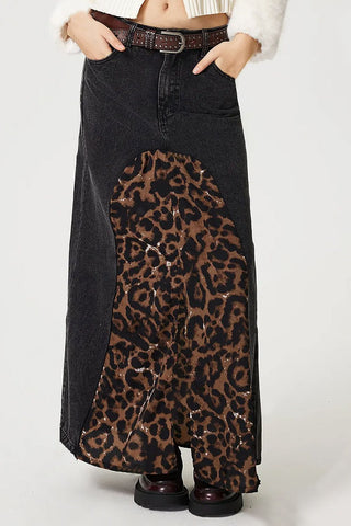 Slit Leopard Midi Denim Skirt - 1985 the VAULT Boutique