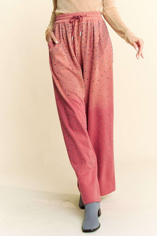 Davi & Dani Rhinestone Drawstring Wide Leg Pants - 1985 the VAULT Boutique