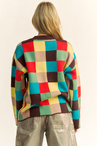 Davi & Dani Color Block Checkered Dropped Shoulder Sweater - 1985 the VAULT Boutique